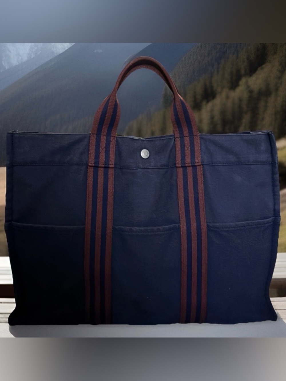 Hermes Fourre Tout MM Tote Navy with Dual Burgundy Striped Handles